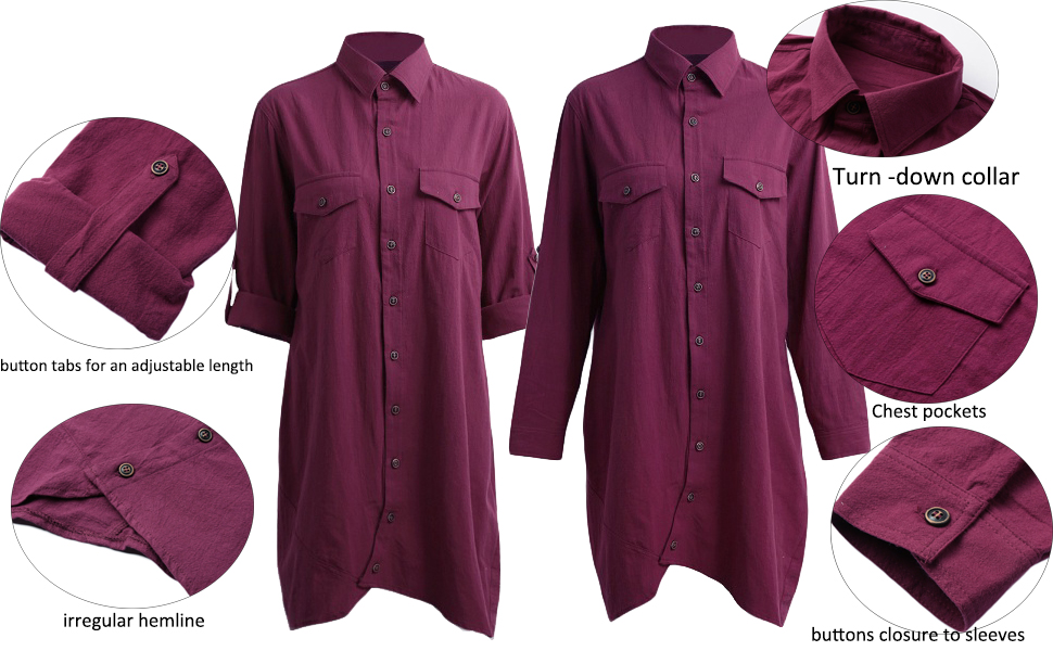 Versear Damen Tunika mit Knopfleiste aus Baumwollleinen, Oversize Bluse Tops 