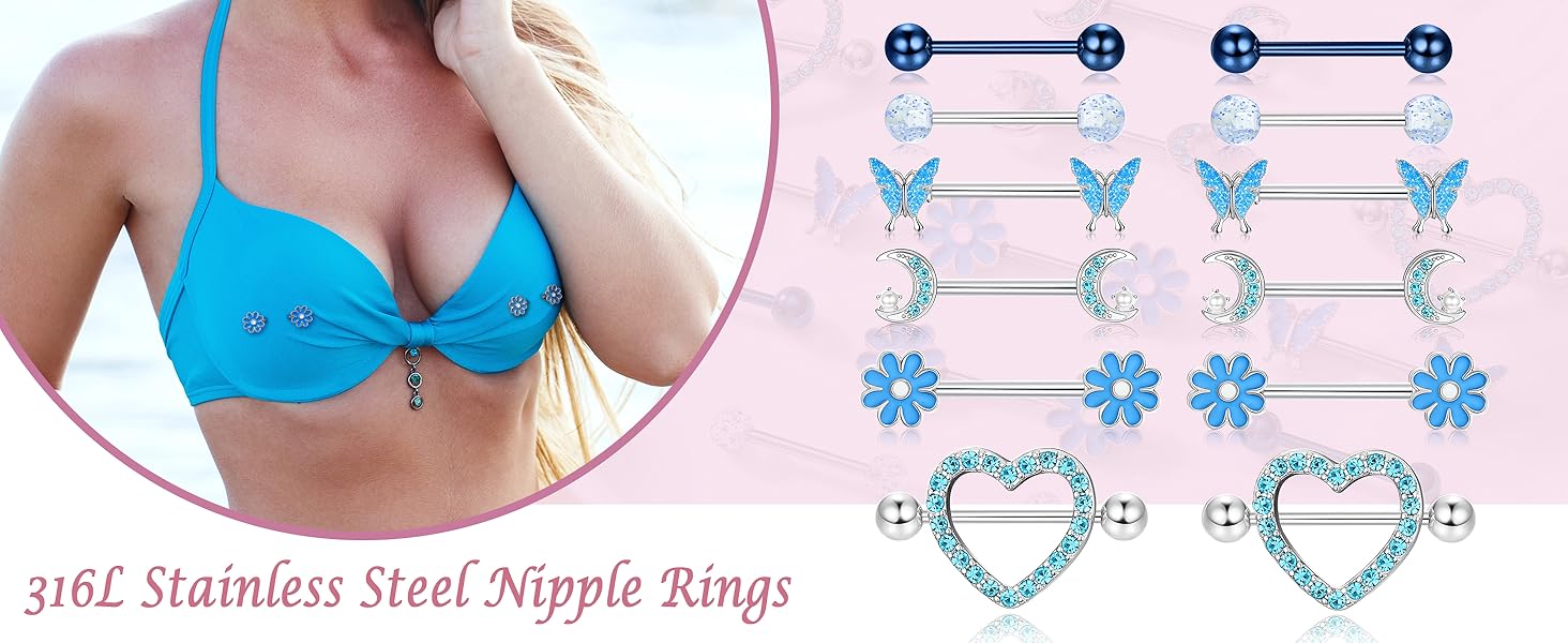 Kakonia 14 Gauge Nipple Rings Stainless Steel Cute Nipple Piercing Jewelry
