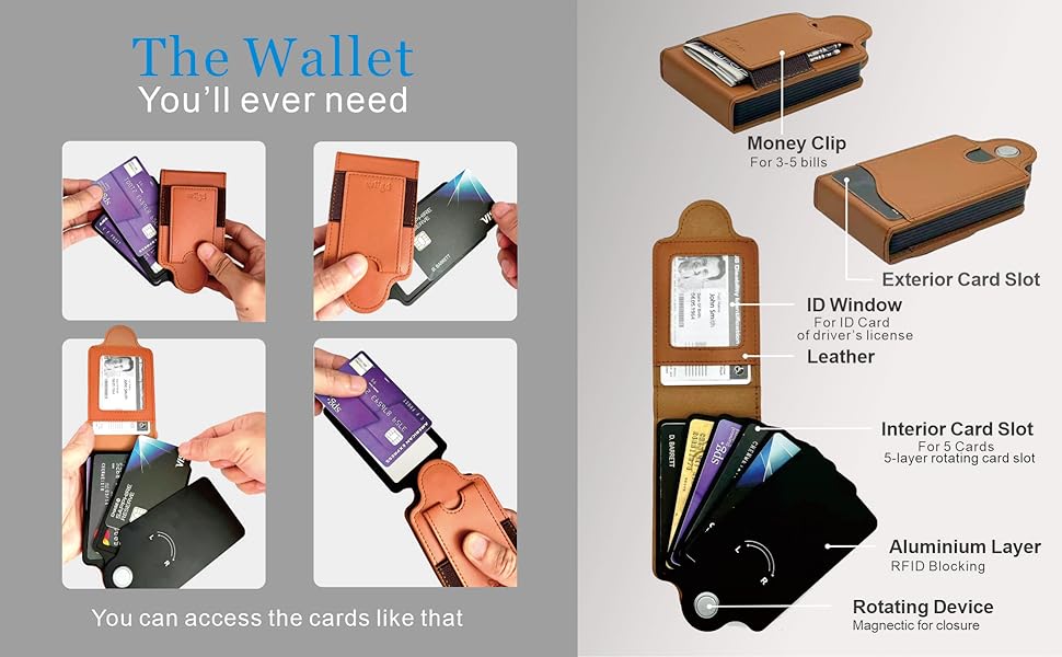 wallet with money clip,rotating access card wallet,RFID card holder wallet,wallet with id window