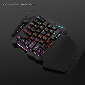 One-handed gaming keyboard with RGB backlit keys, compact design, and wrist rest. Features programmable keys and ergonomic layout for gaming efficiency.