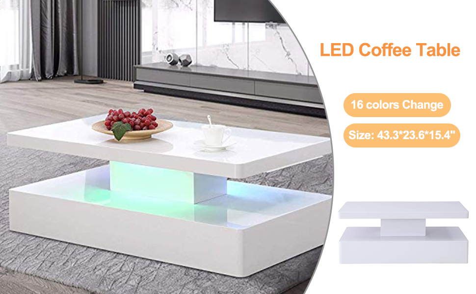 Alohappy Modern LED Coffee Table 44 Inch, High Glossy Rectangler Center Table with