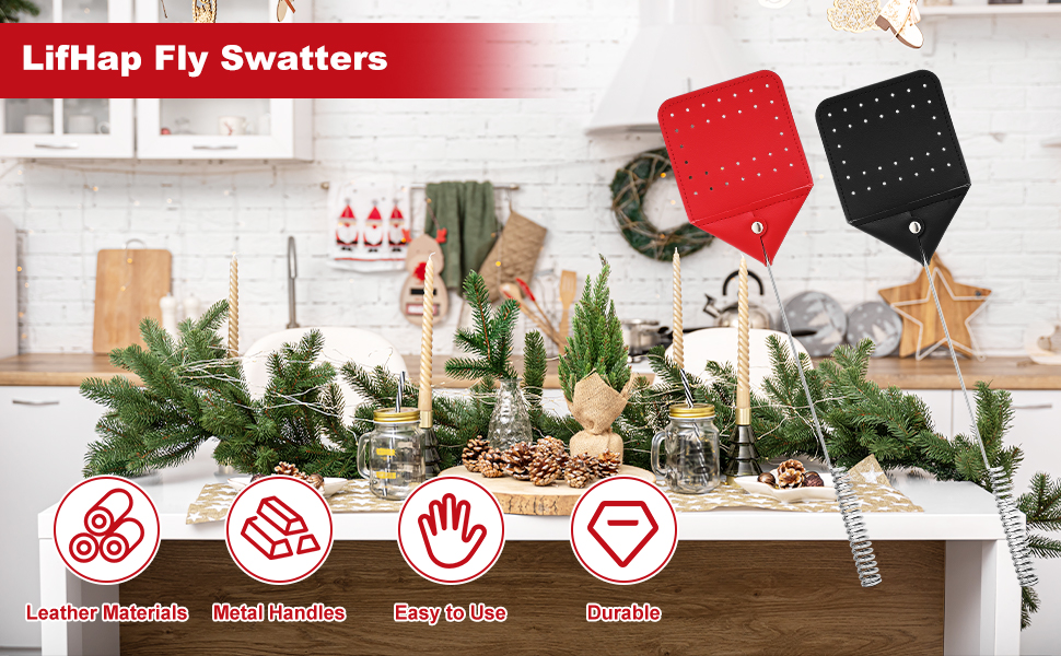 Fly Swatter with Metal Spiral Handle,2 Pack Leather Flyswatters for Indoor and