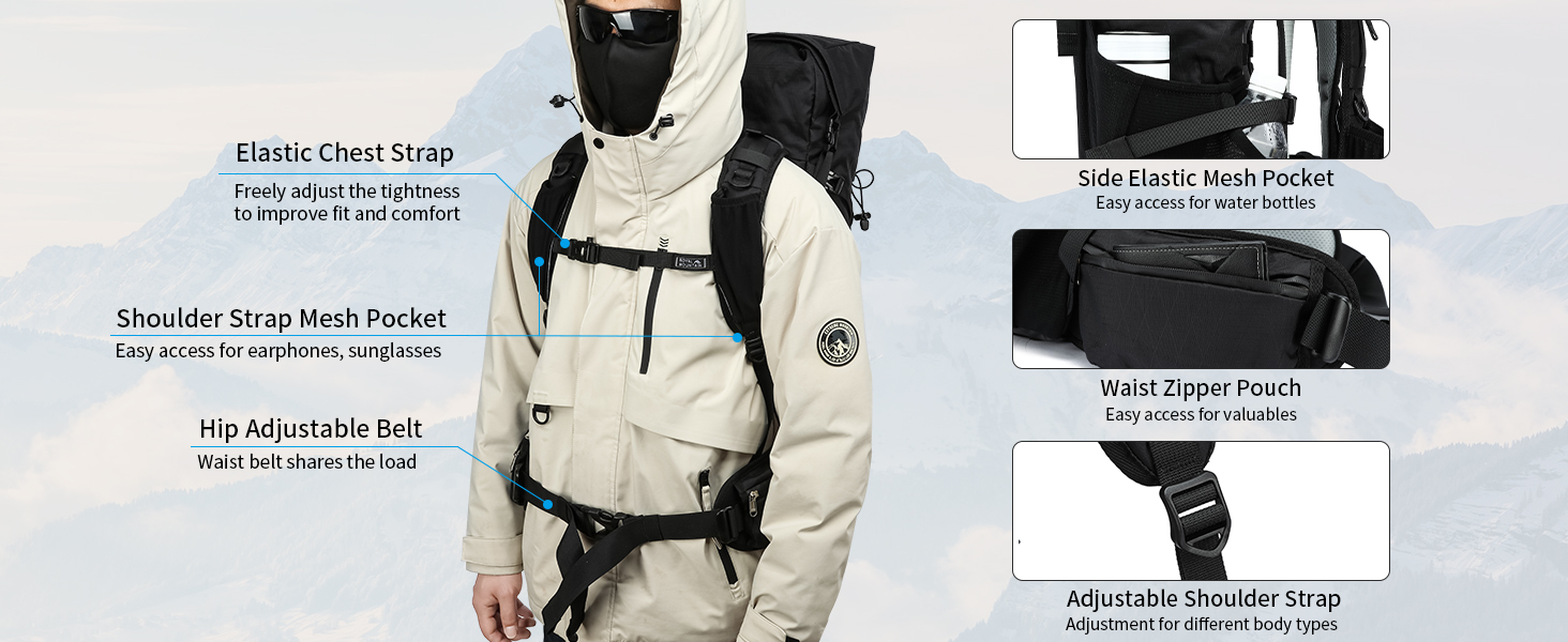 Beige and black outdoor vest with multiple pockets and straps. Features include elastic chest strap, shoulder mesh pocket, hip adjustable belt, and side pockets for versatile storage.