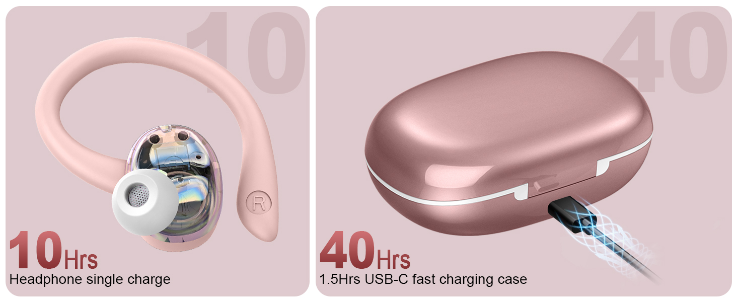 Split image of wireless earbuds: left shows pink earhook with white earbud, right shows rose gold charging case. Text indicates 10 hours single charge, 40 hours with case, USB-C fast charging.