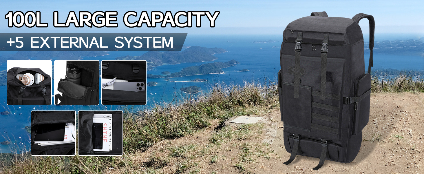 Grand sac à dos tactique noir d'une capacité de 100 L et d'un système de fixation externe. Doté de plusieurs compartiments, de poches latérales et d'un design robuste pour une utilisation en extérieur.