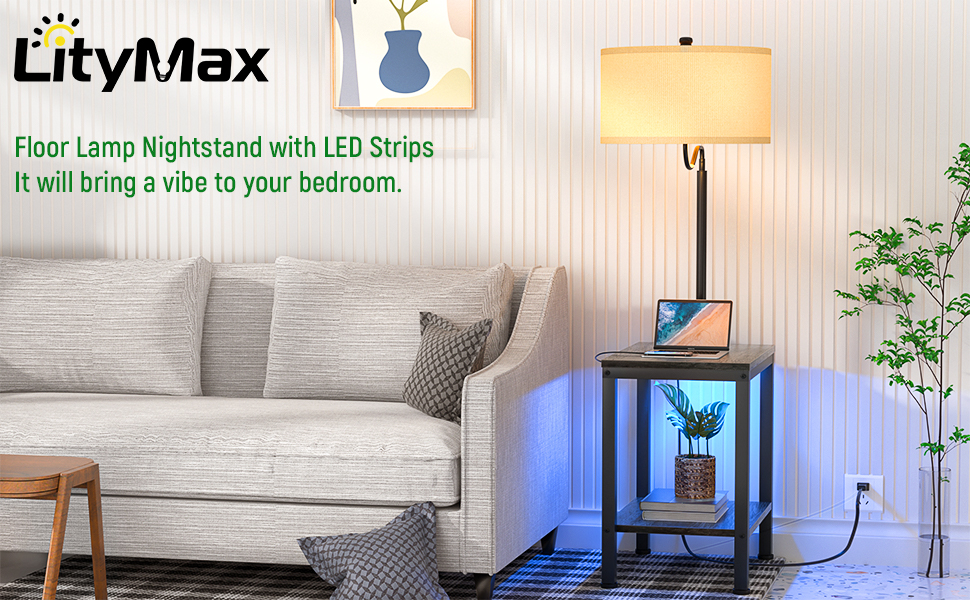LityMax LED Floor Lamp with Table, Side Table with LED Light and Power