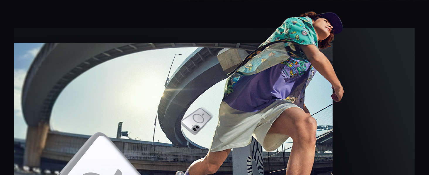 Person skateboarding under a curved concrete structure, wearing purple shirt, light shorts, and teal patterned headwear. Performing a trick with board tilted upwards.