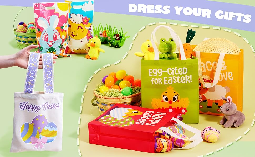 JOYIN Easter Reusable Canvas Gift Bags with Handles, 10”x 8