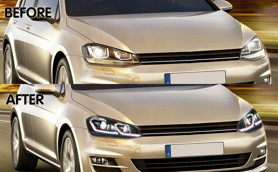 Text reads 'BEFORE' and 'AFTER'. Comparison images of car headlights, showing improved clarity and brightness after restoration treatment.