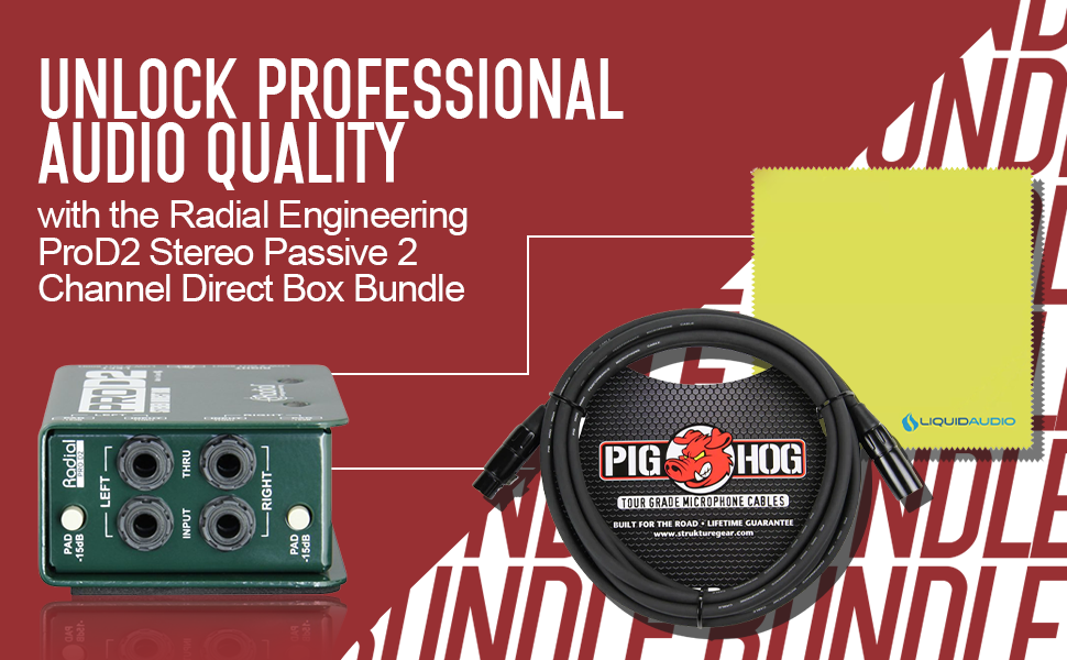 Radial DI Box PROD2 Passive Stereo DI Box Bundle with 10ft Pig Hog XLR Microphone