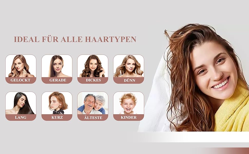 Produktwerbung mit acht verschiedenen Frisuren in kreisförmigen Rahmen, die verschiedene Stylingmöglichkeiten von geraden bis hin zu lockigen Texturen demonstrieren
