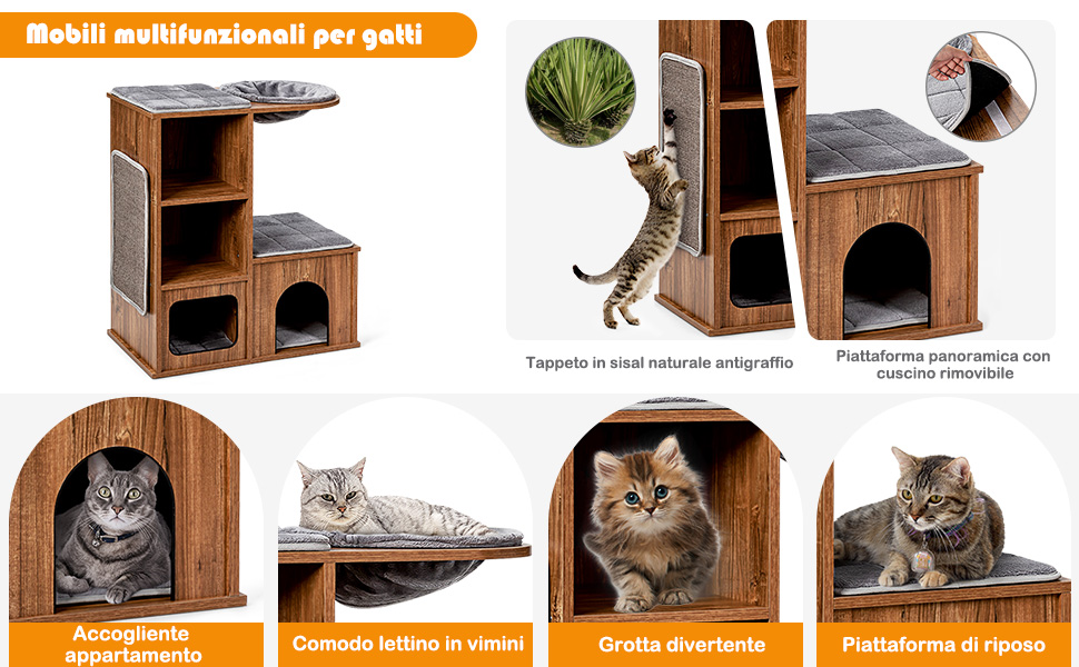 COSTWAY Tiragraffi Per Gatti Grandi Adulti, Tiragraffi Gatto Con Cuccia, Amaca, Piattaforme E Cuscini Rimuovibili, Albero Tiragraffi Da Divano In Legno, Portata 20 Kg, 69 X 39 X 80,5 Cm 14 2