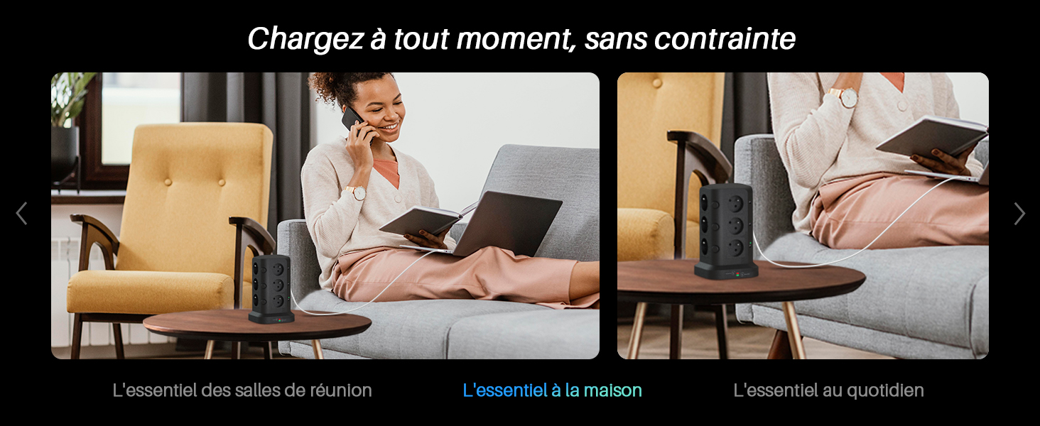 Image à trois panneaux présentant des meubles de bureau à domicile. À gauche : personne sur un canapé avec un ordinateur portable. Centre : fauteuil jaune et table ronde. À droite : gros plan d'une table avec des appareils en cours de chargement