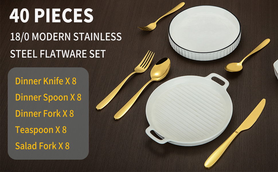 Gold Silverware Set for 8, Compralo 40 Piece Gold Flatware