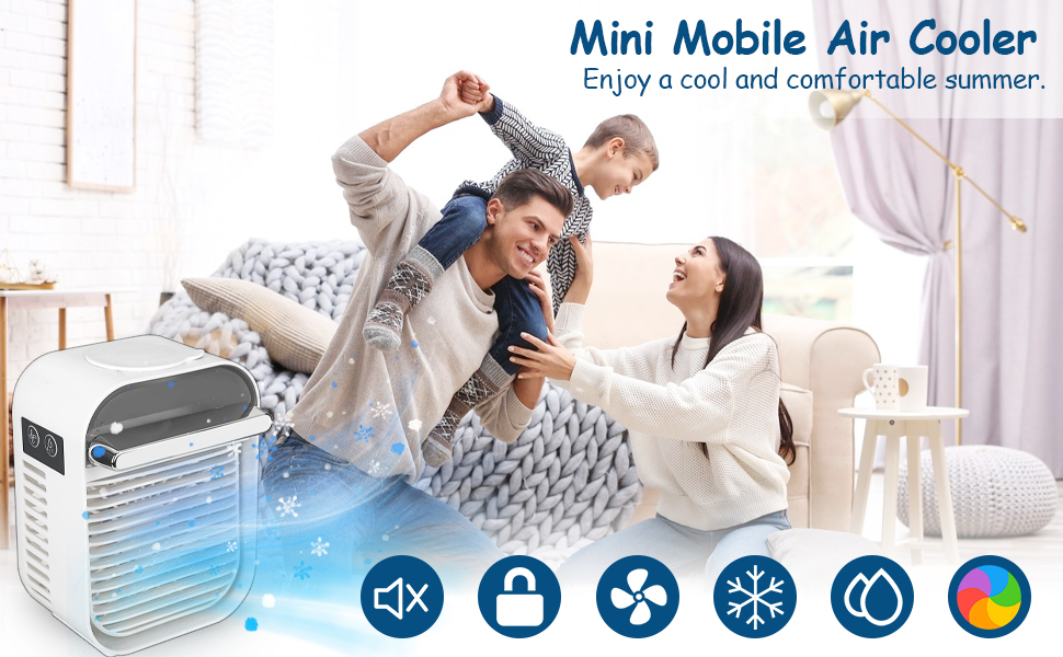 Compact portable air cooler device showing multiple function icons below showing cooling, fan and humidity functions. The product is labeled 