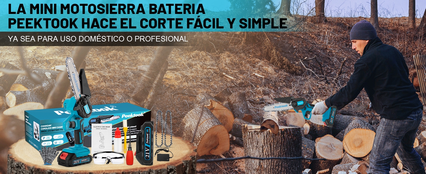 El texto dice «LA MINI MOTOSIERRA A BATERIA PENTON HACE EL CORTE FÁCIL Y SIMPLE». La imagen muestra una herramienta eléctrica azul con una escena de demostración.