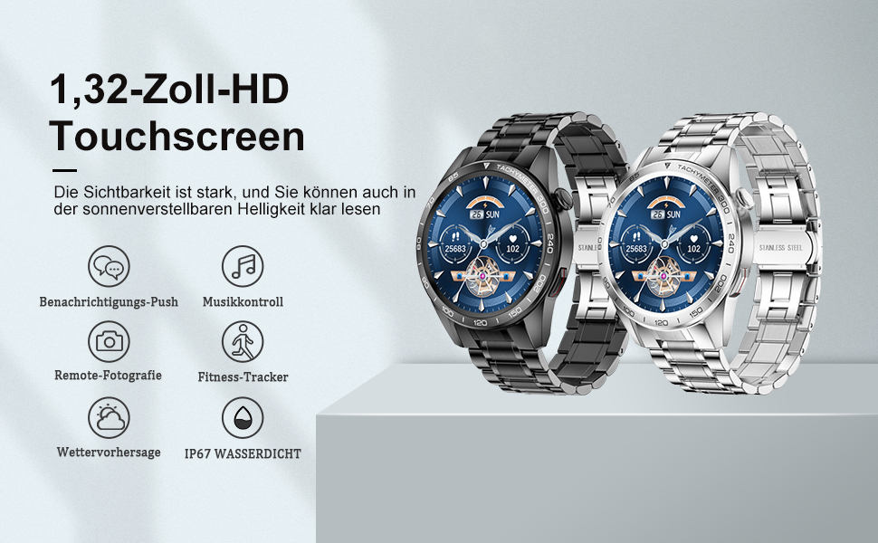 Men's Smartwatch with Bluetooth Call, 1.32 Inch HD Full Touchscreen