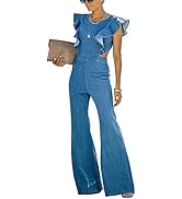 Omoone Women's Flared Denim Jumpsuit Ruffle Sleeve Backless Jeans Jumper Long Rompers