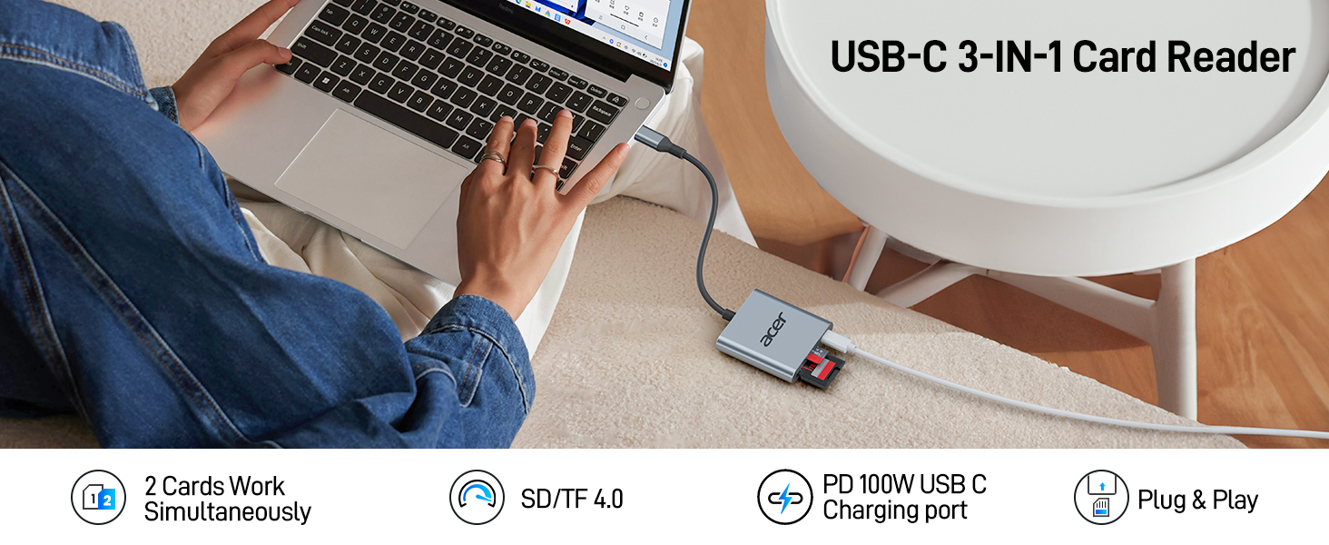 Acer UHSII USB C SD Card Reader with 100W PD Port, 3in1 TypeC SD 4.