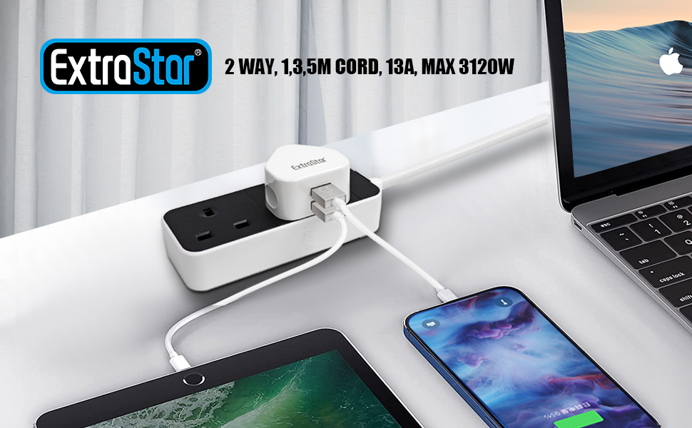 EXTRASTAR 2 Way Extension Lead in Black and White, 1M Extension Cord