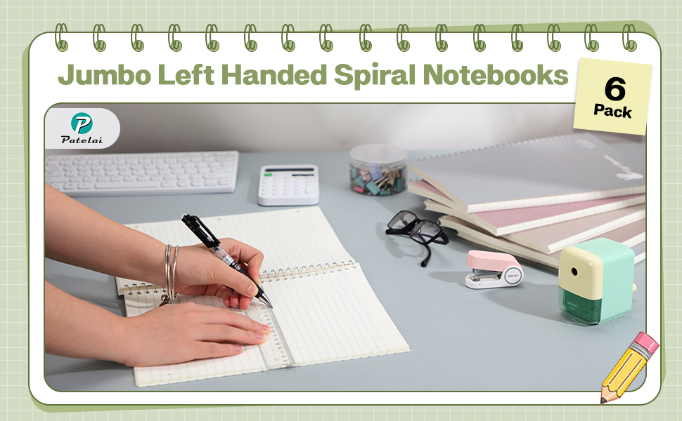 Patelai 6 Pack Jumbo Left Handed Spiral Notebooks 8.5 x 11'' Wide Ruled with Three