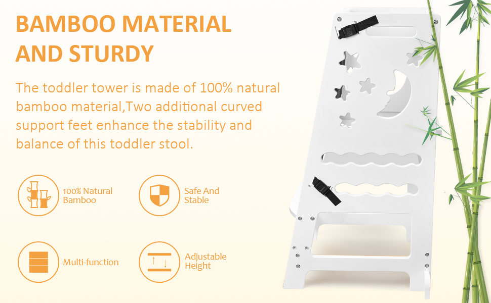 TOETOL Bamboo Toddler Kitchen Stool for Kids Step Stool White Little Helper Tower Adjustable