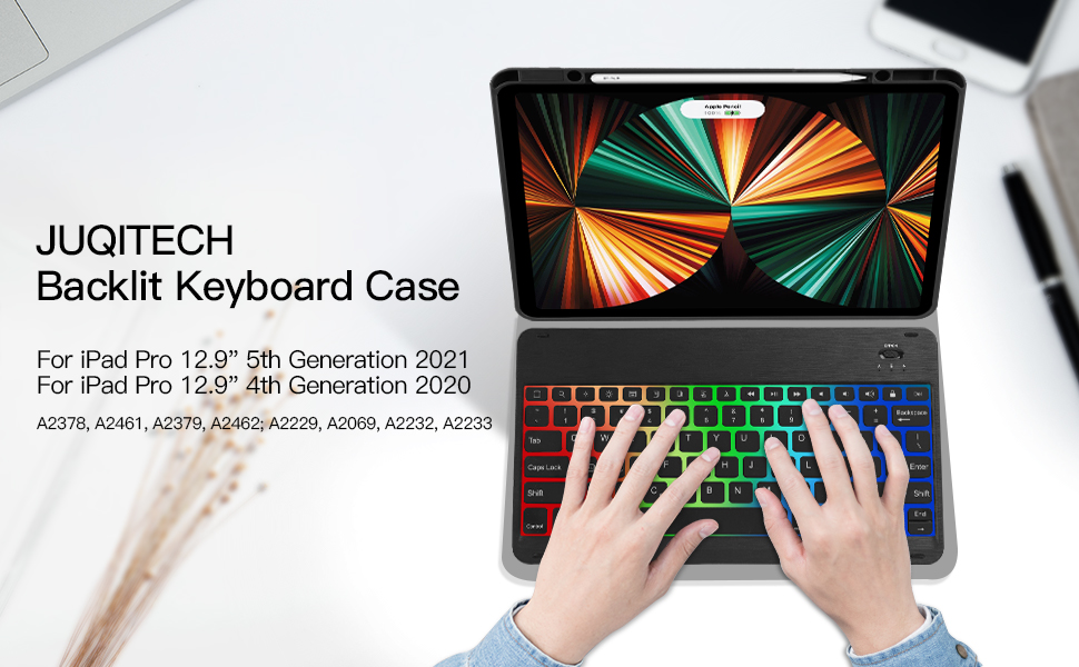 JUQITECH iPad Pro 12.9 inch 2021 Case with Keyboard Backlit