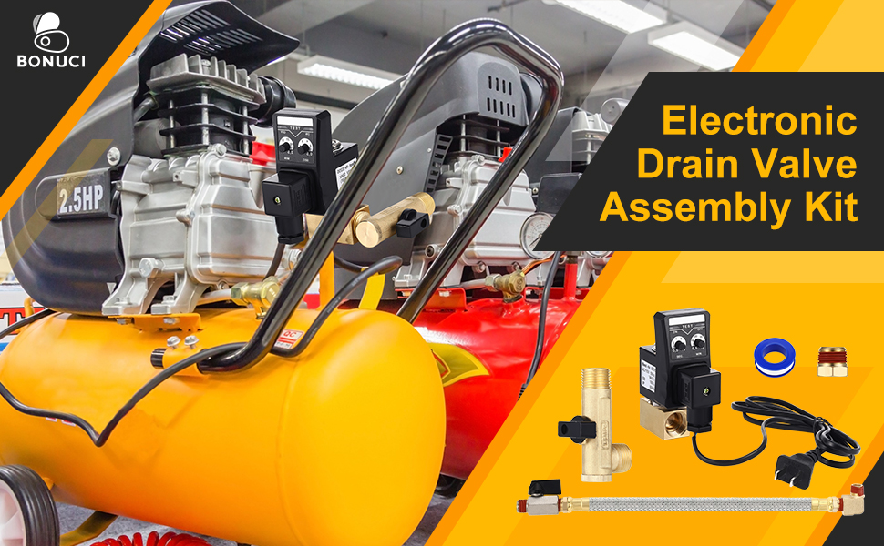 Electronic Drain Valve and Tank Drain Valve Assembly Kit with Braided