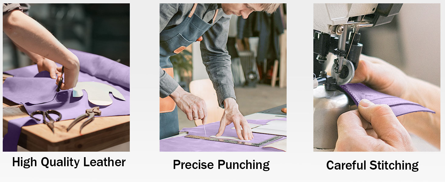 Leather crafting process images showcasing high-quality leather material, precise punching technique, and careful stitching of leather items.