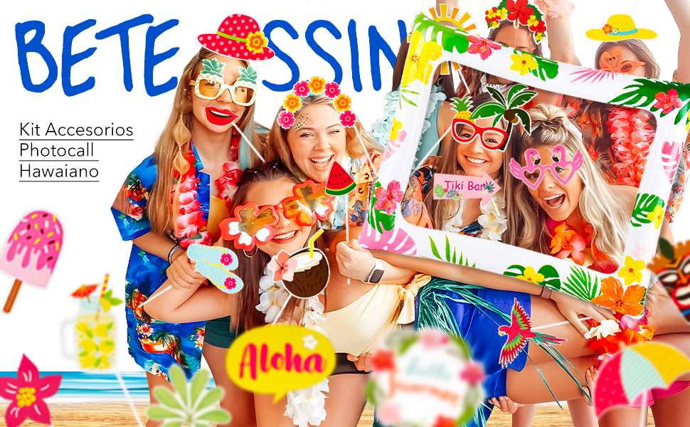 Kit Fiesta Hawaiana - 25 Accesorios Photocall + Marco Inflable Para Fotos