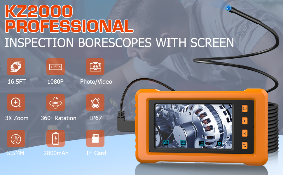 KZYEE Endoscope Camera, IPS Waterproof Snake Camera with LED Lights, 5