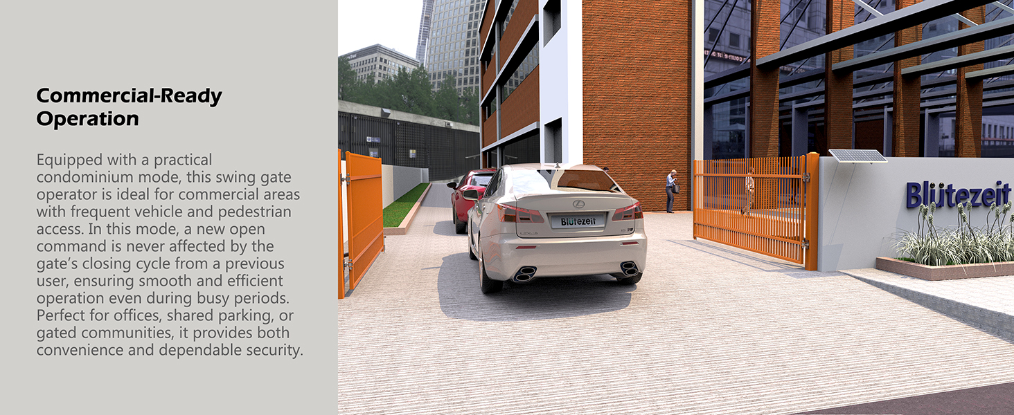 Commercial swing gate opener for condominiums, offices, parking lots, and business access control