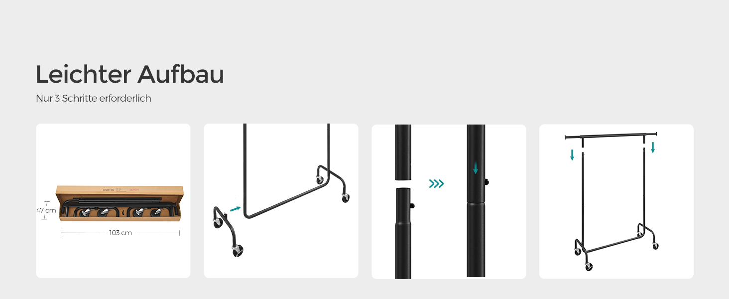 Összeszerelési útmutató a ruhatartó állványhoz. Az ábra a fa talpat, a fémrudakat, a csatlakozókat és az akasztórúd elemeit mutatja. Szöveg: 'Könnyű összeszerelés'