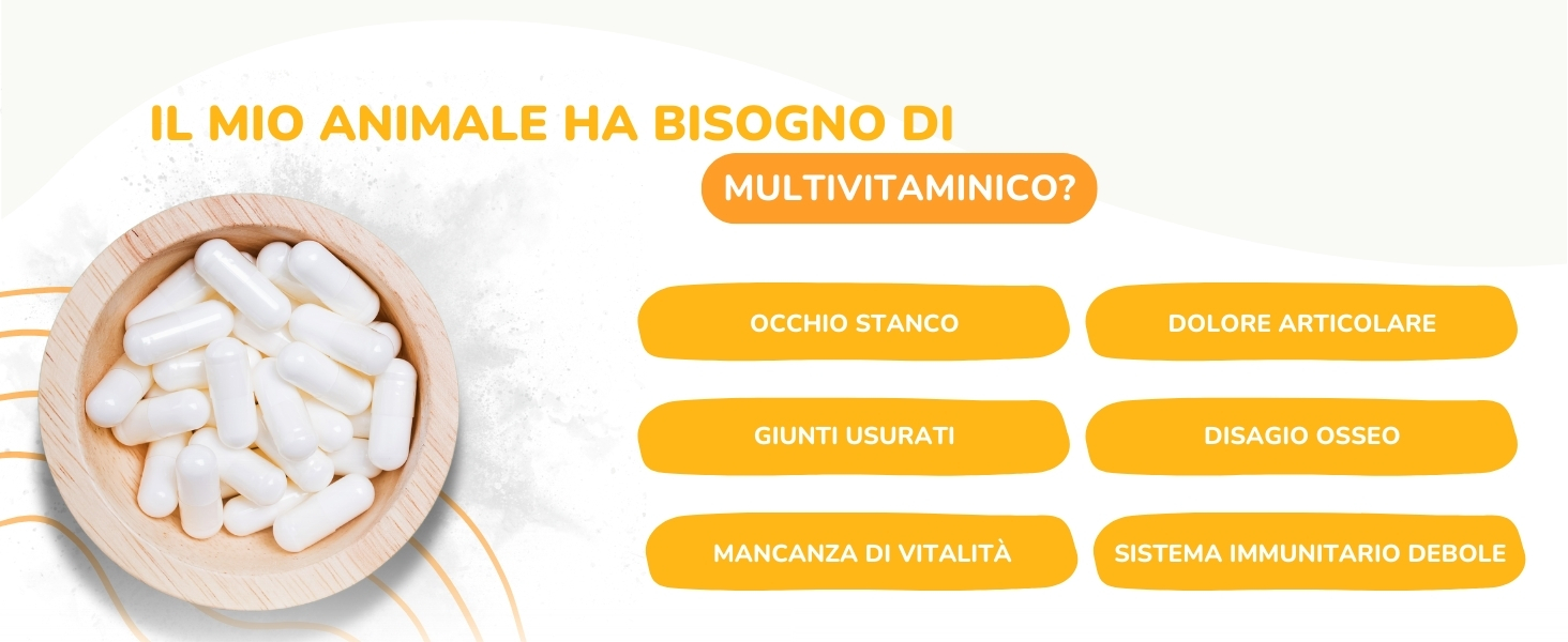 Ciotola di capsule bianche con testo in inglese che descrive i benefici multivitaminici per gli animali, tra cui salute delle articolazioni, vitalità