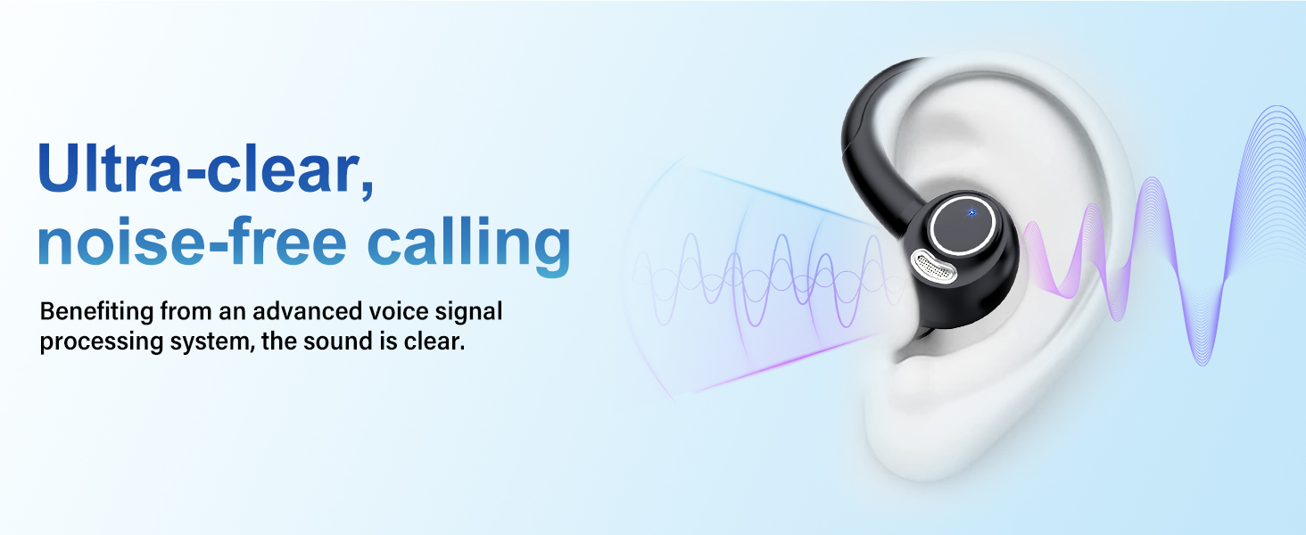 Text reads 'Ultra-clear, noise-free calling'. Product image shows white wireless earbud with sound wave visualization in blue background.