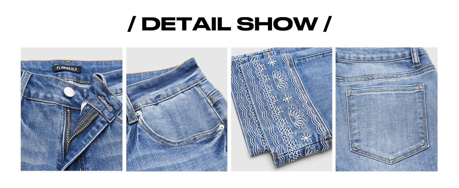 Flamingals Mid Rise Bootcut Jeans for Women with Embroidery Hem