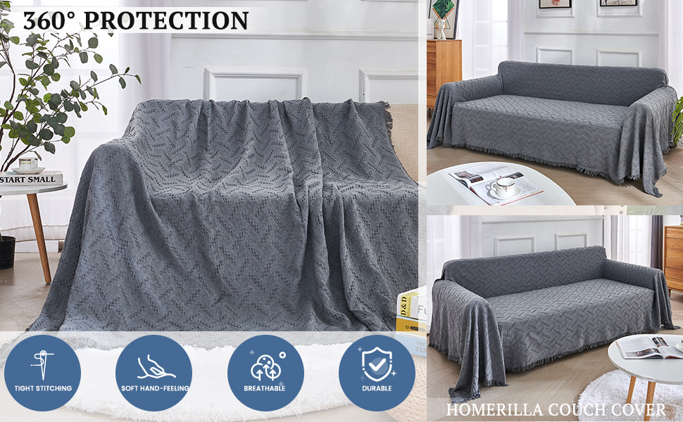 HOMERILLA Cotton Couch Cover for 3 Cushion Couch Sofa Grey