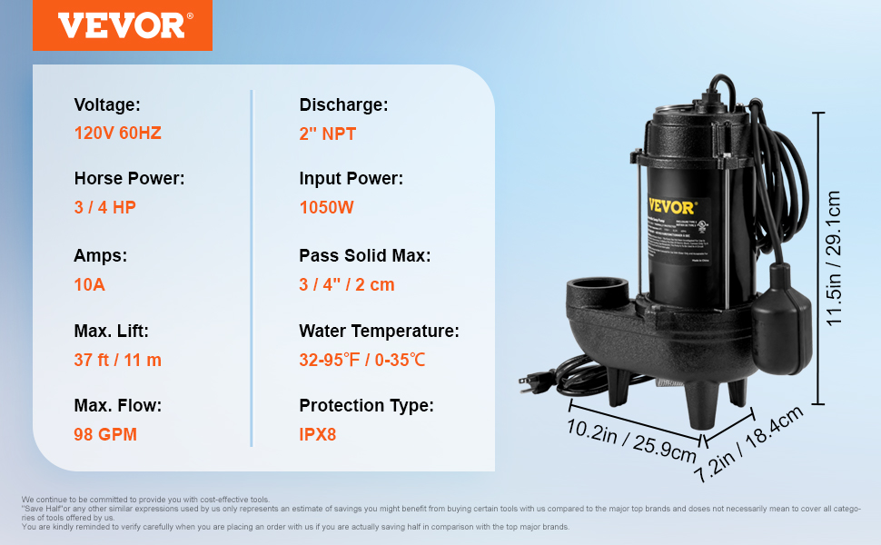 VEVOR Sewage Pump, 3/4 HP 5880 GPH 1050W, Submersible Cast Iron Ejector