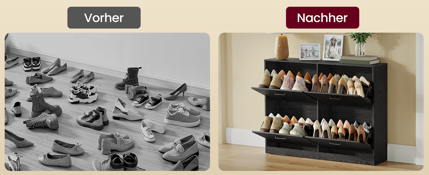 Obrázky pred a po uskladnení topánok. Vľavo: Topánky rozhádzané po podlahe. Vpravo: Organizovaný trojposchodový stojan na topánky z tmavého dreva, naplnený topánkami rôznych štýlov, ktorý poskytuje efektívne riešenie na uskladnenie.