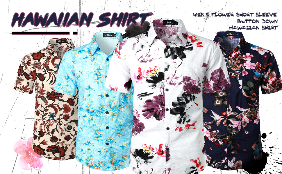 JOGAL Hawaiian Shirt for Men Flower Print Short Sleeve Casual Button