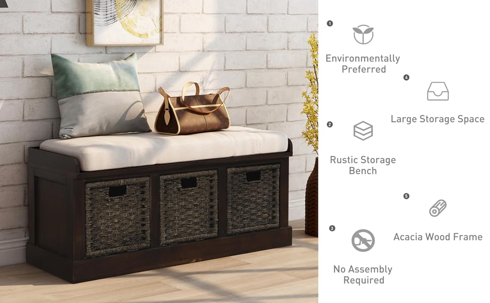 Knocbel Entryway Storage Bench with 3 Woven Baskets and