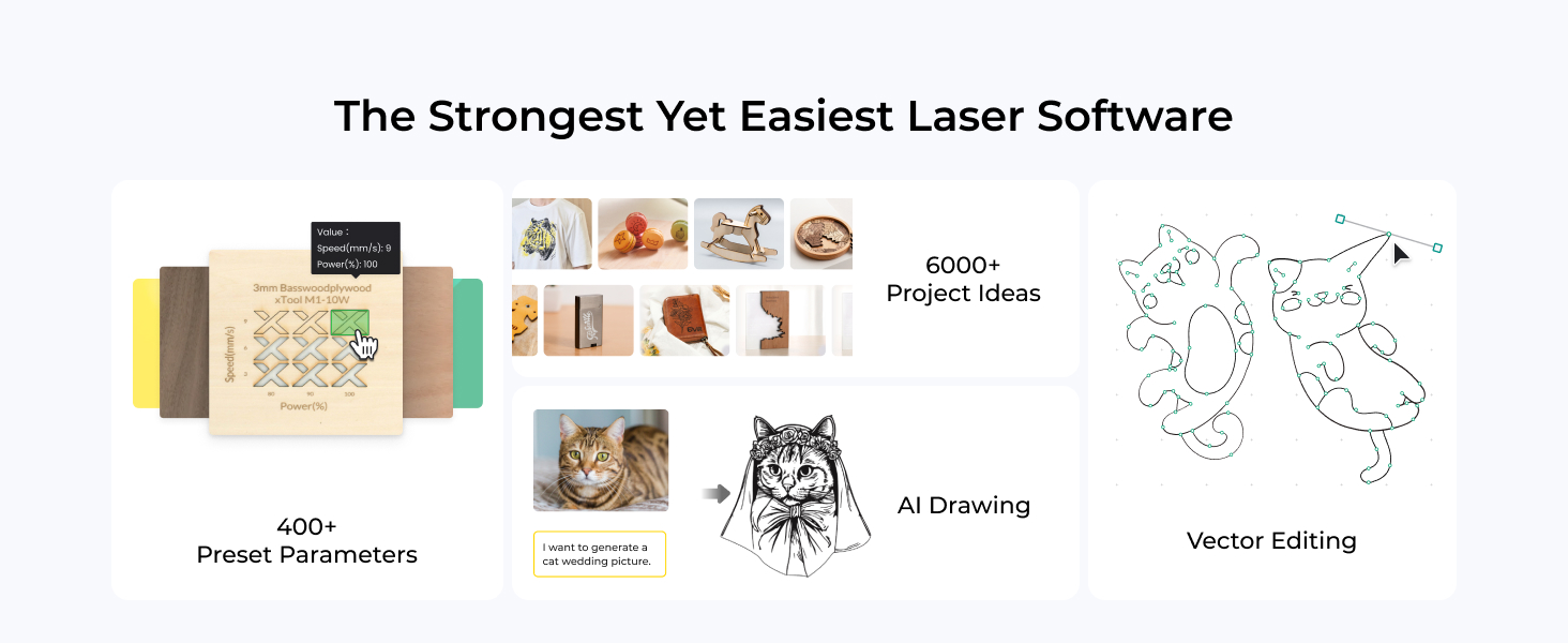 Software interface showcase displaying laser project options including preset templates, vector editing capabilities, and project ideas with animal illustrations.