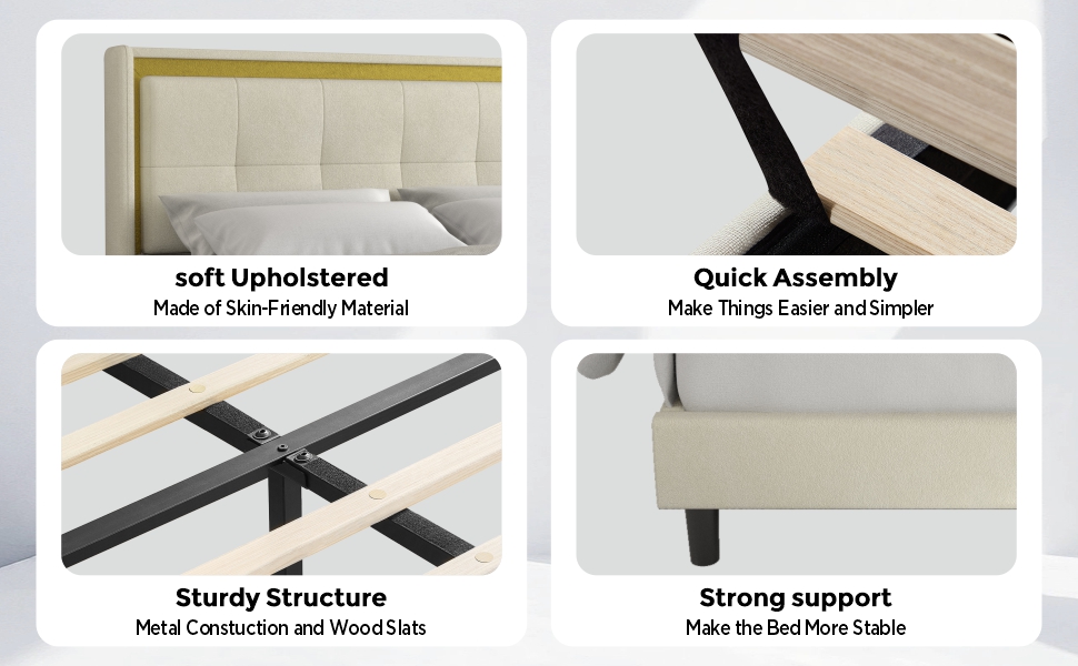 Youmumeub Upholstered Bed Frame, Queen Bed Frame with