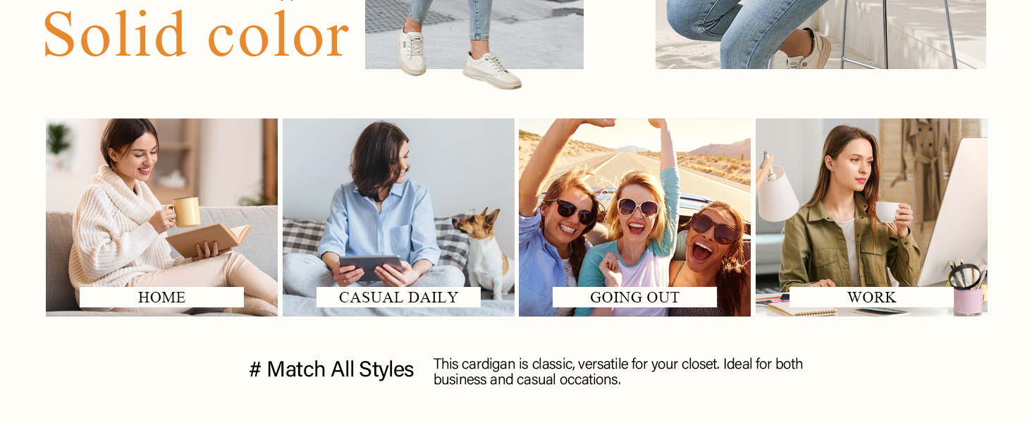 Collage of four images showing people wearing solid color clothing. Text indicates 'Solid color' and displays various styles and colors of garments.