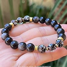 8mm Firefly Beads Silver Lava Bracelet 12 black obsidian