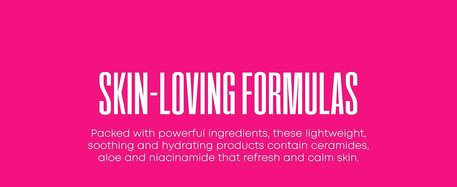 Text reads 'SKIN-LOVING FORMULAS' on bright pink background, appears to be part of beauty or skincare product marketing material.