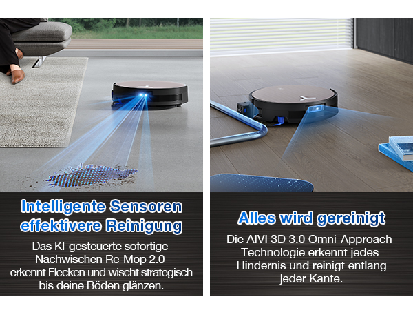 Der Text lautet „Intelligente Saugrouten einfahren und lernen“ und „Alles wird gereinigt“. Bilderserie, die einen Roboterstaubsauger zeigt, der um Möbel und Hindernisse auf dem Boden herumnavigiert.