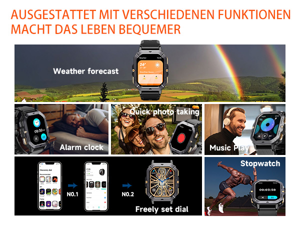 Smartwatch mit mehreren angezeigten Funktionen: Wettervorhersage, schnelles Fotografieren, Wecker, Musikplayer, Stoppuhr. Der Text weist auf verschiedene Funktionen hin, um das Leben angenehmer zu gestalten