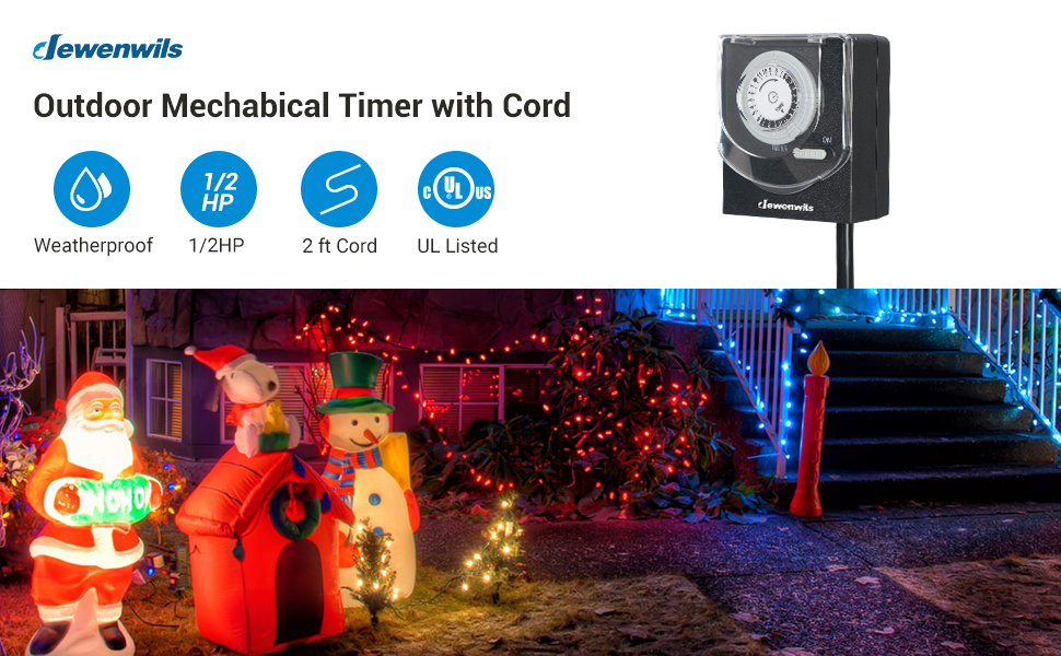 DEWENWILS Outdoor Christmas Light Timer with 2ft Long Cord, Waterproof