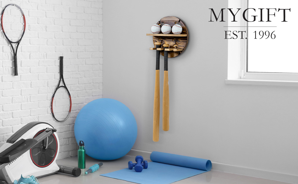 Wall Mounted Rustic Burnt Solid Wood Baseball Bat Hanger and Ball Display Shelf